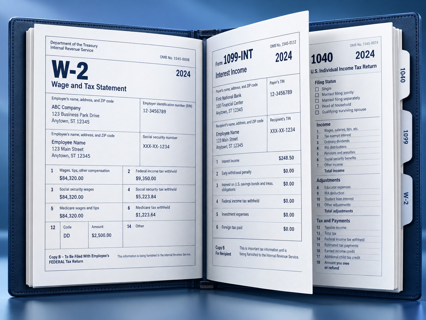 Open tax book with example W-2, 1099-INT, and 1040 forms